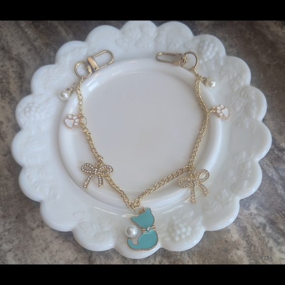 Handmade Jewelry - Gold Purse Chain Kitty Cat Pearl & Rhinestone Handbag Jewelry Bag Chain